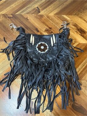Biker Beaded Fringe Leather Hip Clip Pouch